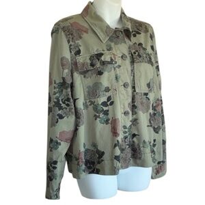 Westport floral jean Jacket Women's L  denim, mint green & pink, swing back. EUC